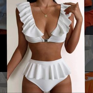 White ruffle high waisted bikini